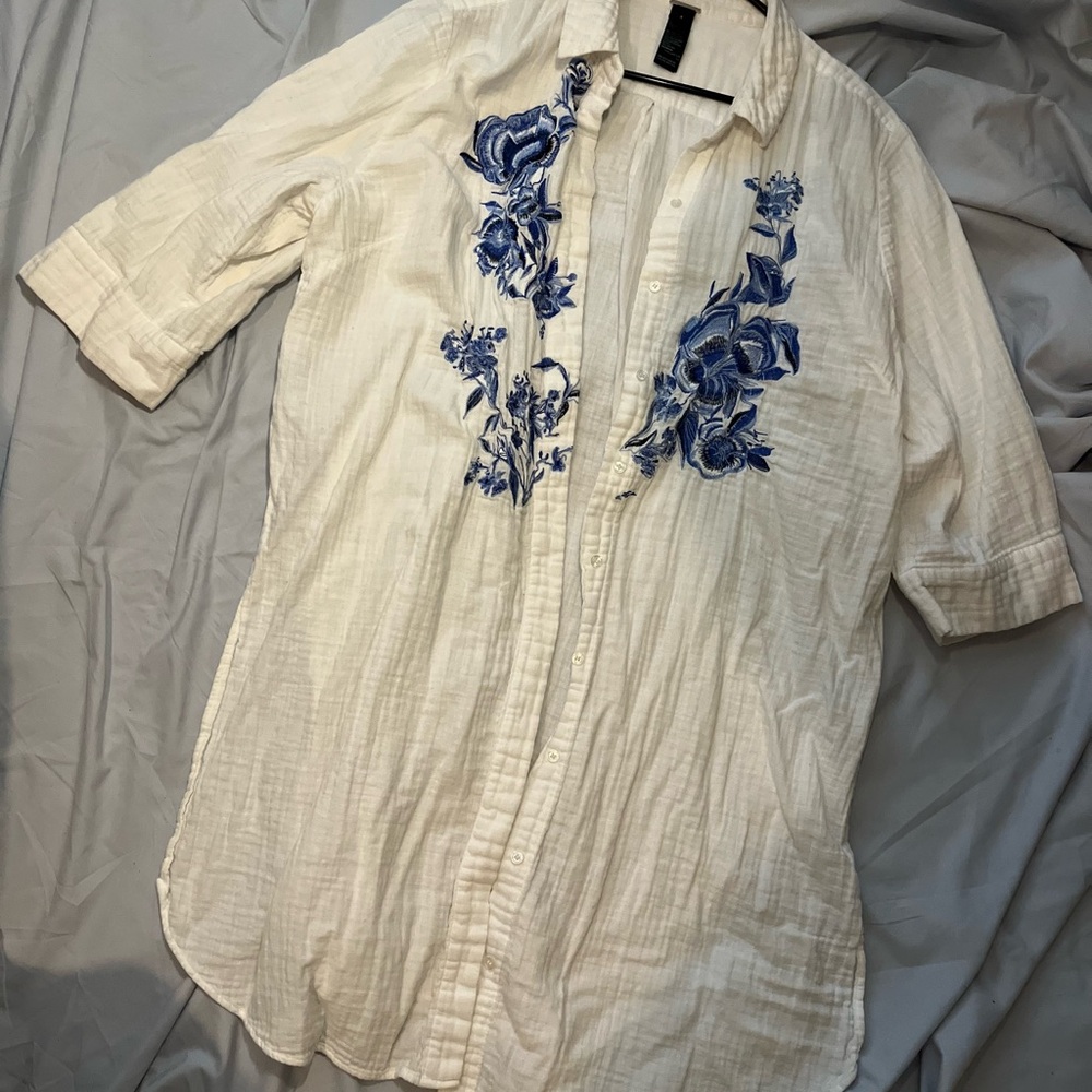 Chico's White Button Down Shirt with Blue Floral Embroidery